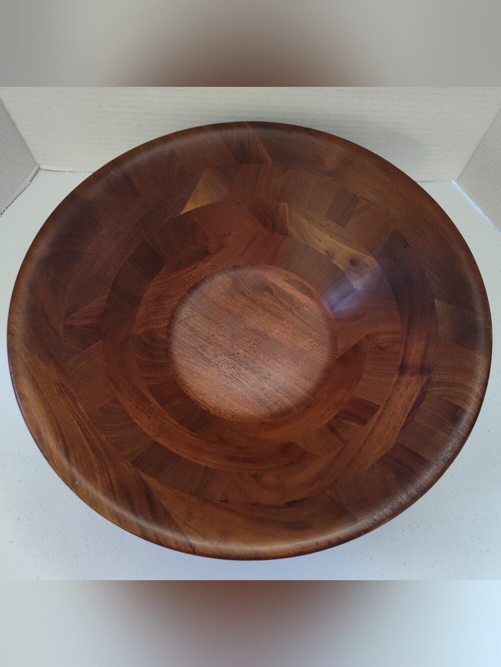 Vtg MCM Real Walnut Wood Mid Century Vermillion Salad Serving Bowl 14" Granny